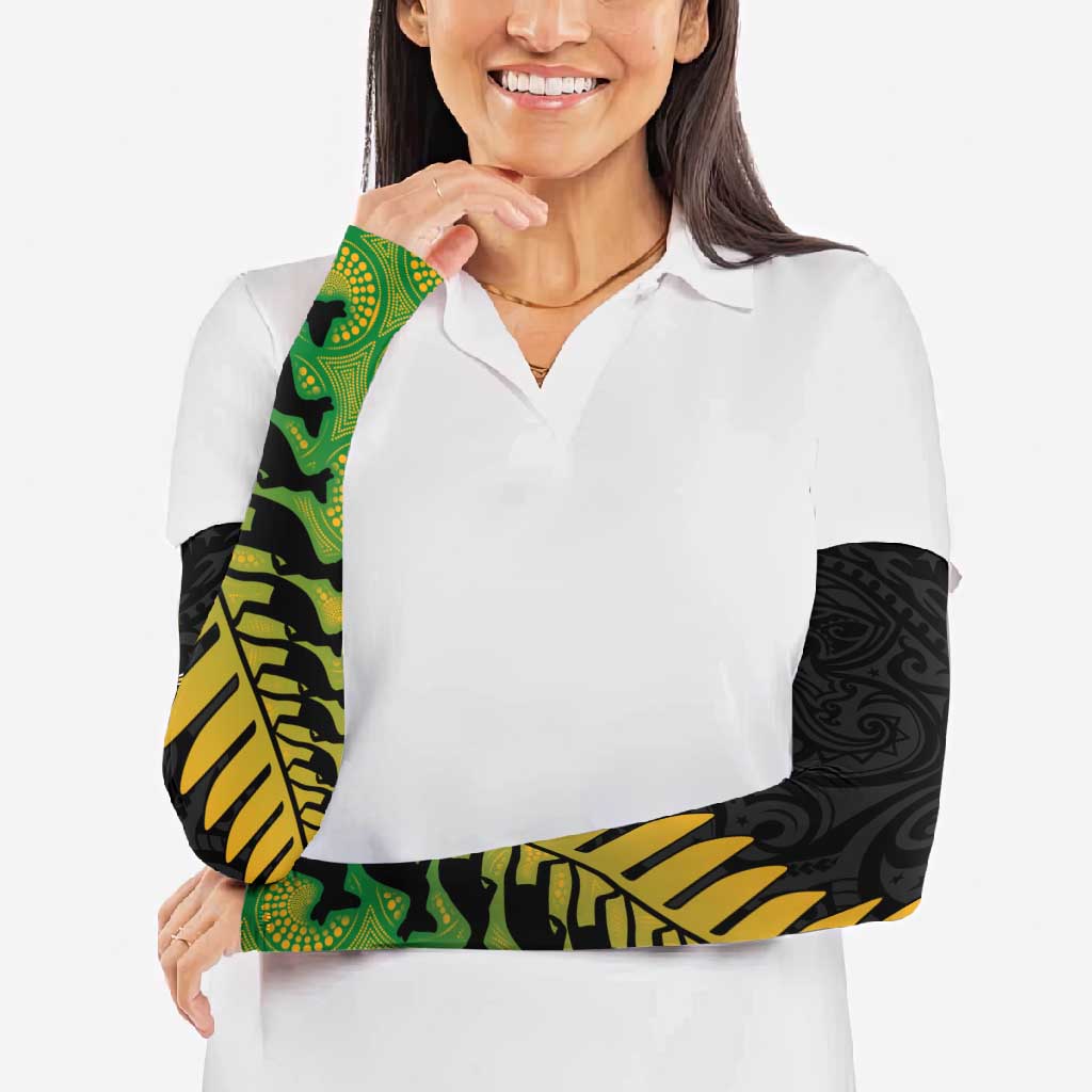 Australia New Zealand Rugby Arm Sleeves Gradient Aboriginal Wallabies and Maori Black Fern - Polynesian Pride
