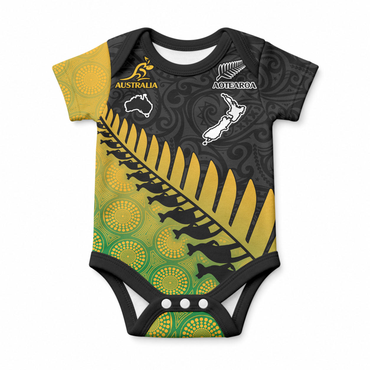 Custom Australia Wallabies and Aotearoa Rugby Baby Onesie Kangaroo Black Fern Maori Gradient Vibe LT9 Gradient - Polynesian Pride