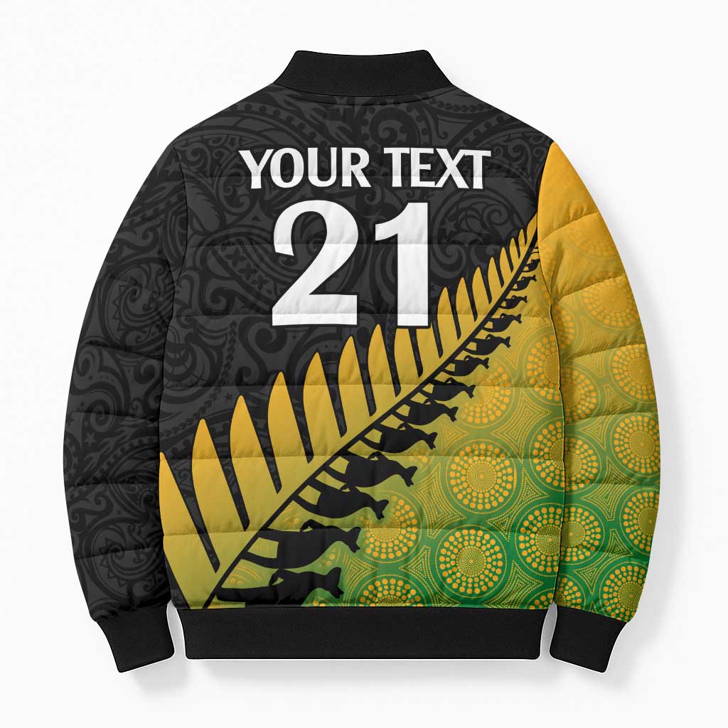 Australia New Zealand Rugby Bomber Puffer Jacket Gradient Aboriginal Wallabies and Maori Black Fern - Polynesian Pride