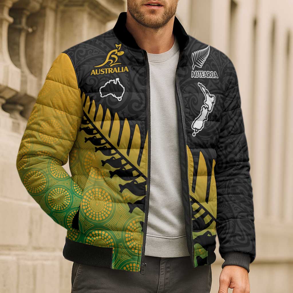 Australia New Zealand Rugby Bomber Puffer Jacket Gradient Aboriginal Wallabies and Maori Black Fern - Polynesian Pride