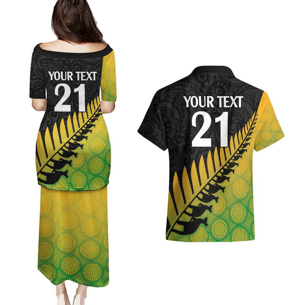 Custom Australia Wallabies and Aotearoa Rugby Couples Matching Puletasi Dress and Hawaiian Shirt Kangaroo Black Fern Maori Gradient Vibe LT9 - Polynesian Pride