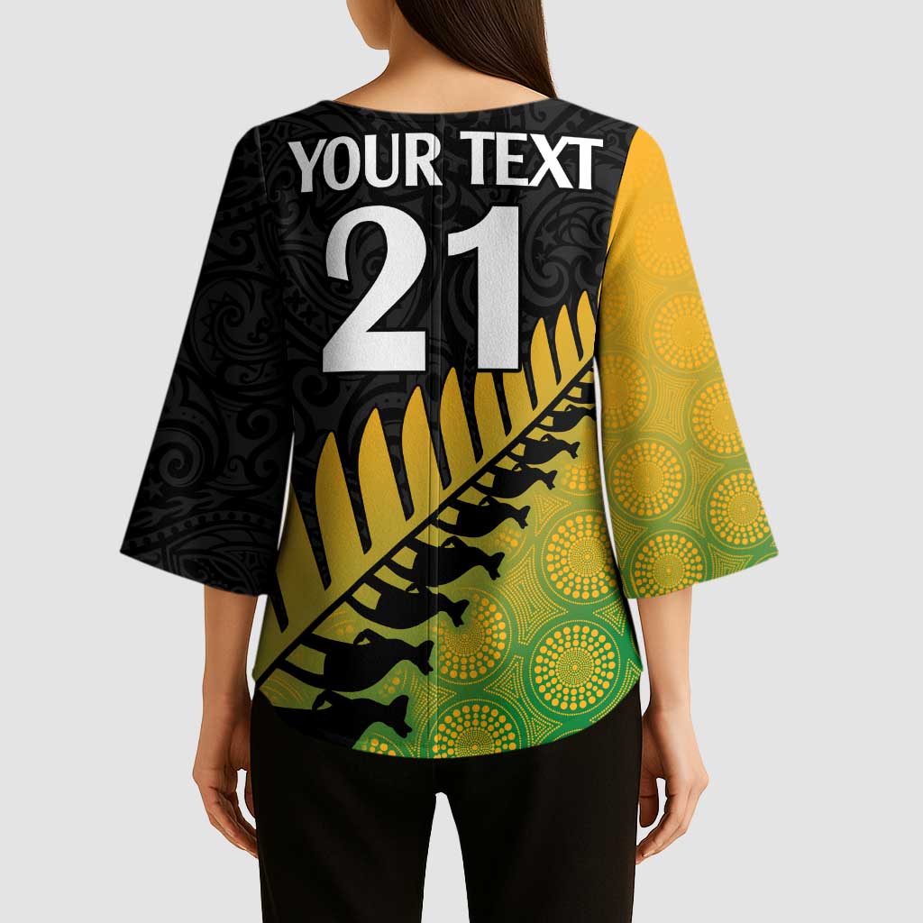 Australia New Zealand Rugby Kimono Sleeve Blouse Gradient Aboriginal Wallabies and Maori Black Fern - Polynesian Pride