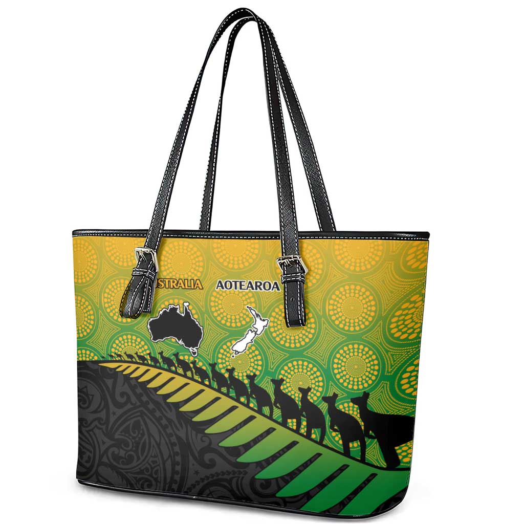 Australia New Zealand Rugby Leather Tote Bag Gradient Aboriginal Wallabies and Maori Black Fern - Polynesian Pride