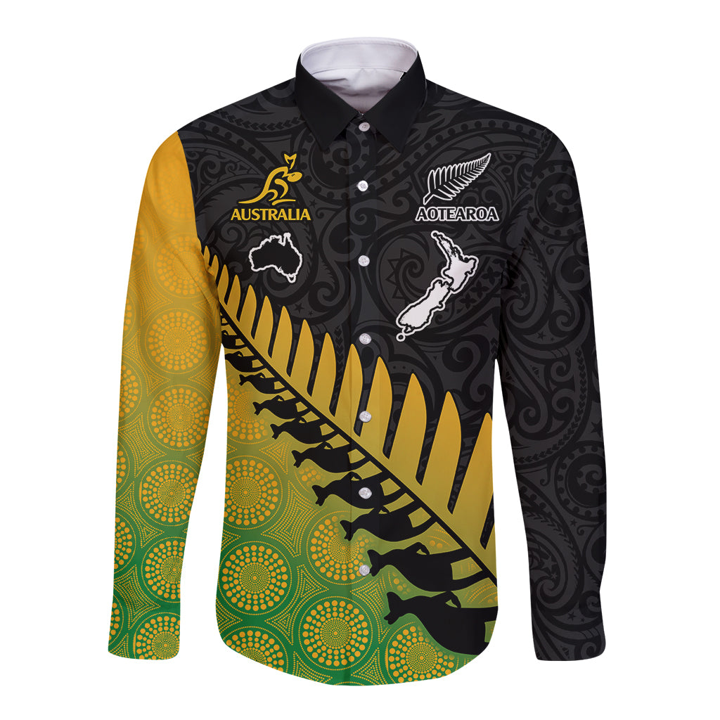 Custom Australia Wallabies and Aotearoa Rugby Long Sleeve Button Shirt Kangaroo Black Fern Maori Gradient Vibe LT9 Unisex Gradient - Polynesian Pride