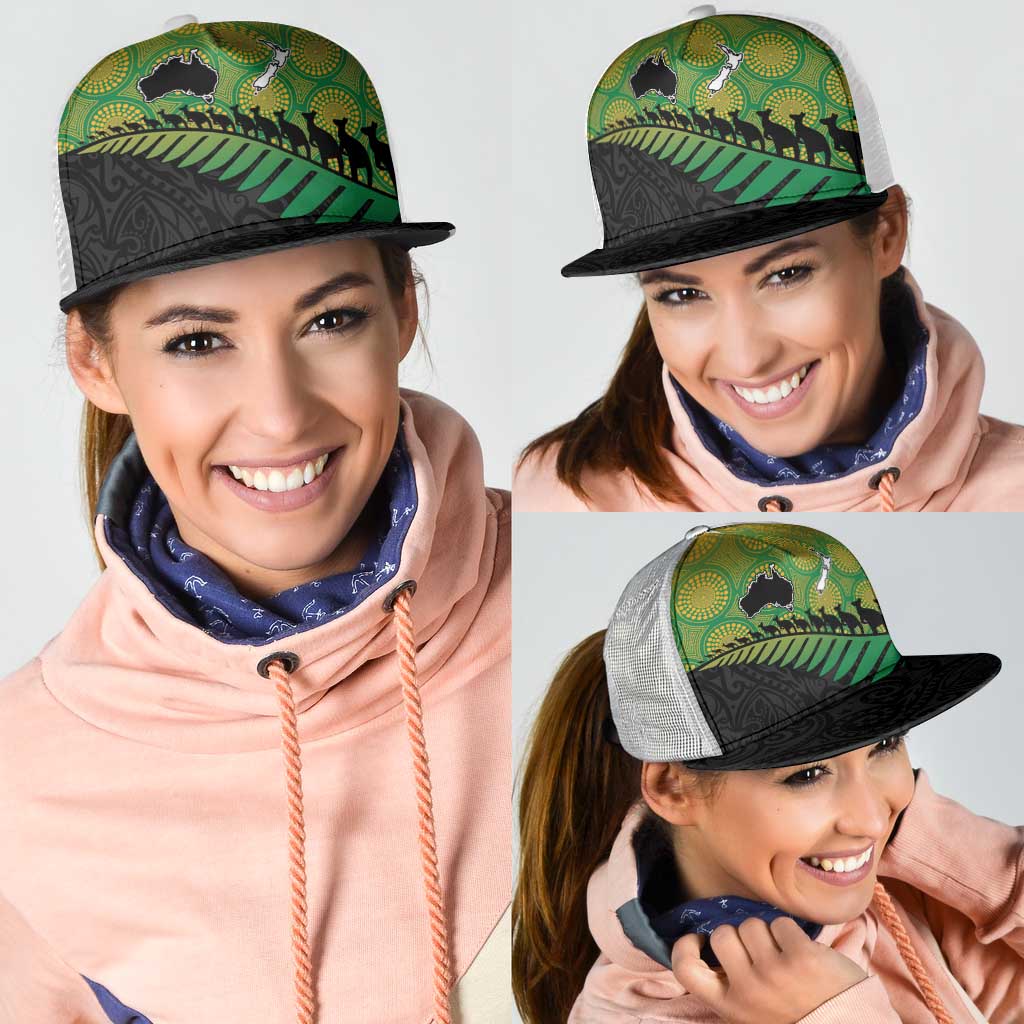Australia New Zealand Rugby Mesh Trucker Cap Gradient Aboriginal Wallabies and Maori Black Fern - Polynesian Pride