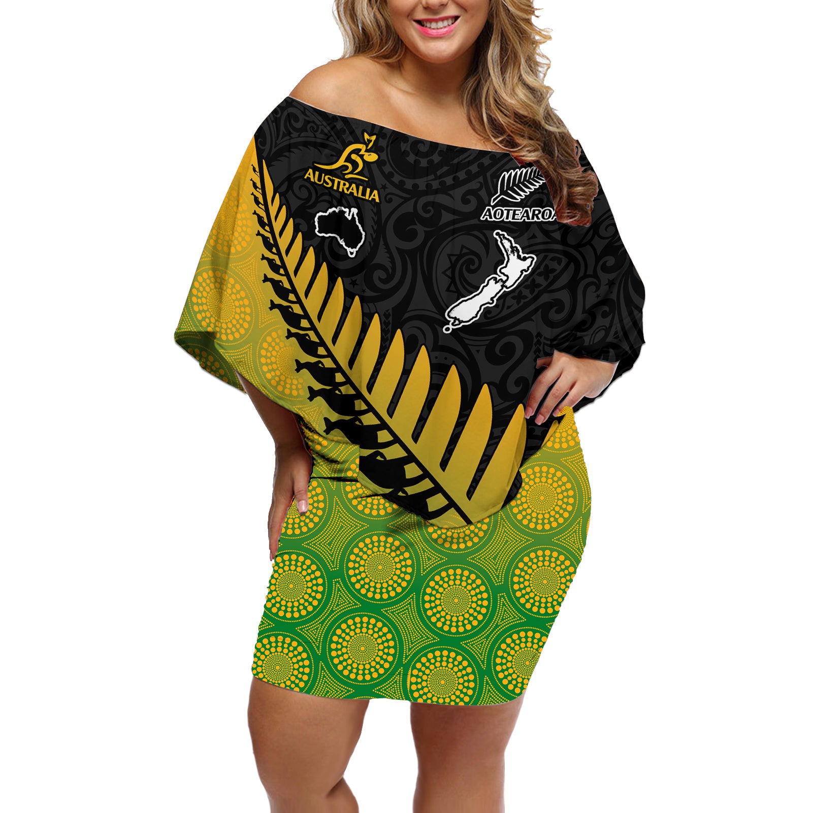 Custom Australia Wallabies and Aotearoa Rugby Off Shoulder Short Dress Kangaroo Black Fern Maori Gradient Vibe LT9 Women Gradient - Polynesian Pride