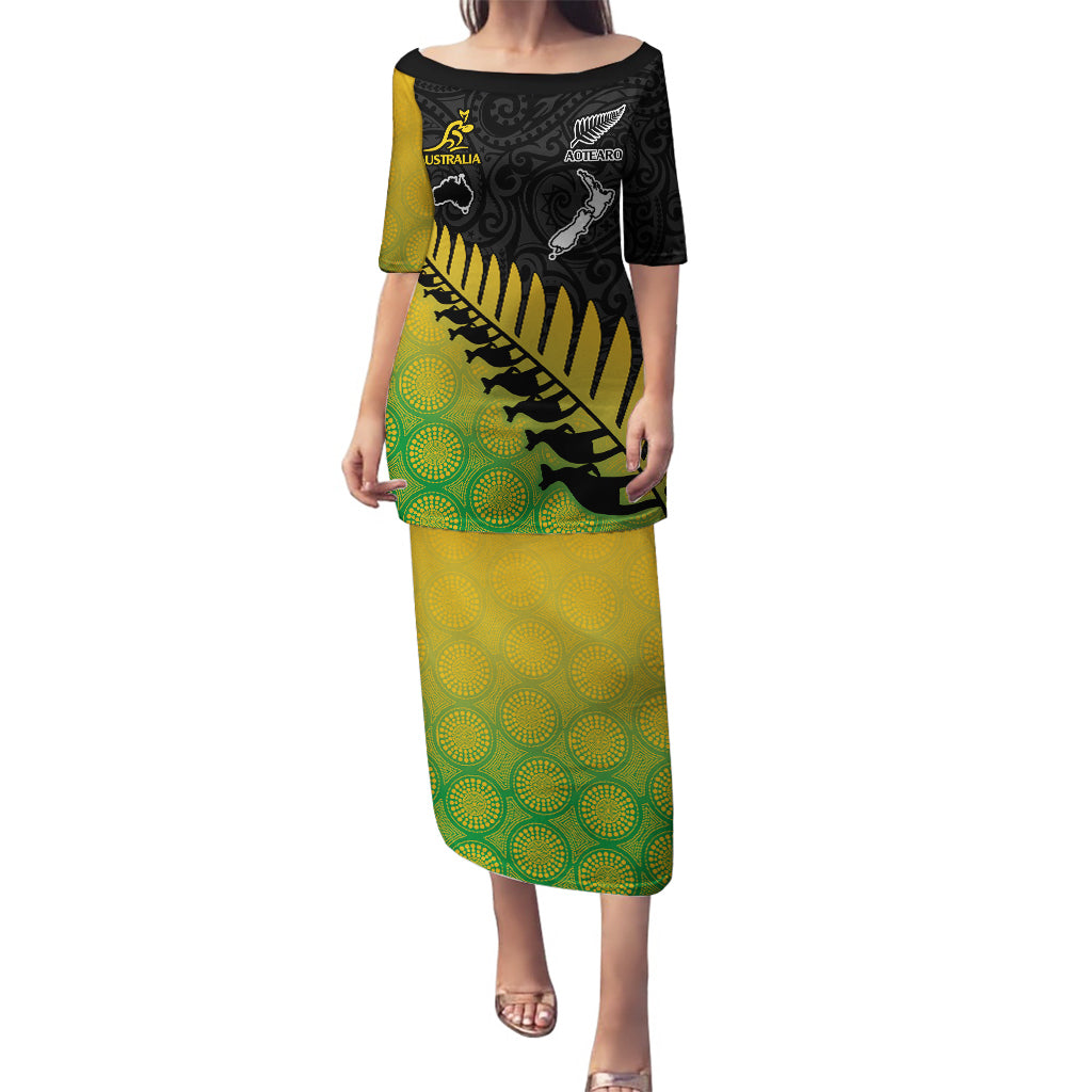 Custom Australia Wallabies and Aotearoa Rugby Puletasi Kangaroo Black Fern Maori Gradient Vibe LT9 Long Dress Gradient - Polynesian Pride