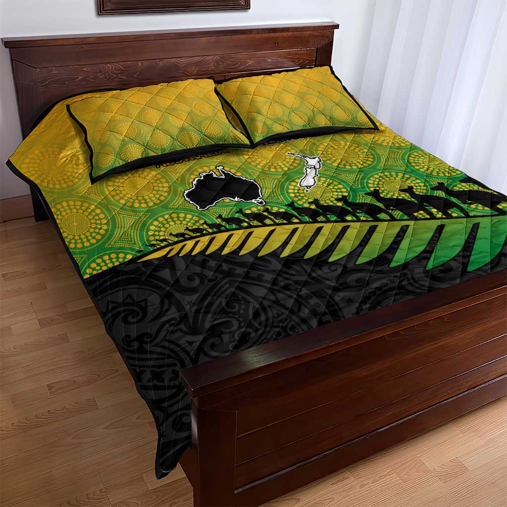 Australia New Zealand Rugby Quilt Bed Set Gradient Aboriginal Wallabies and Maori Black Fern - Polynesian Pride