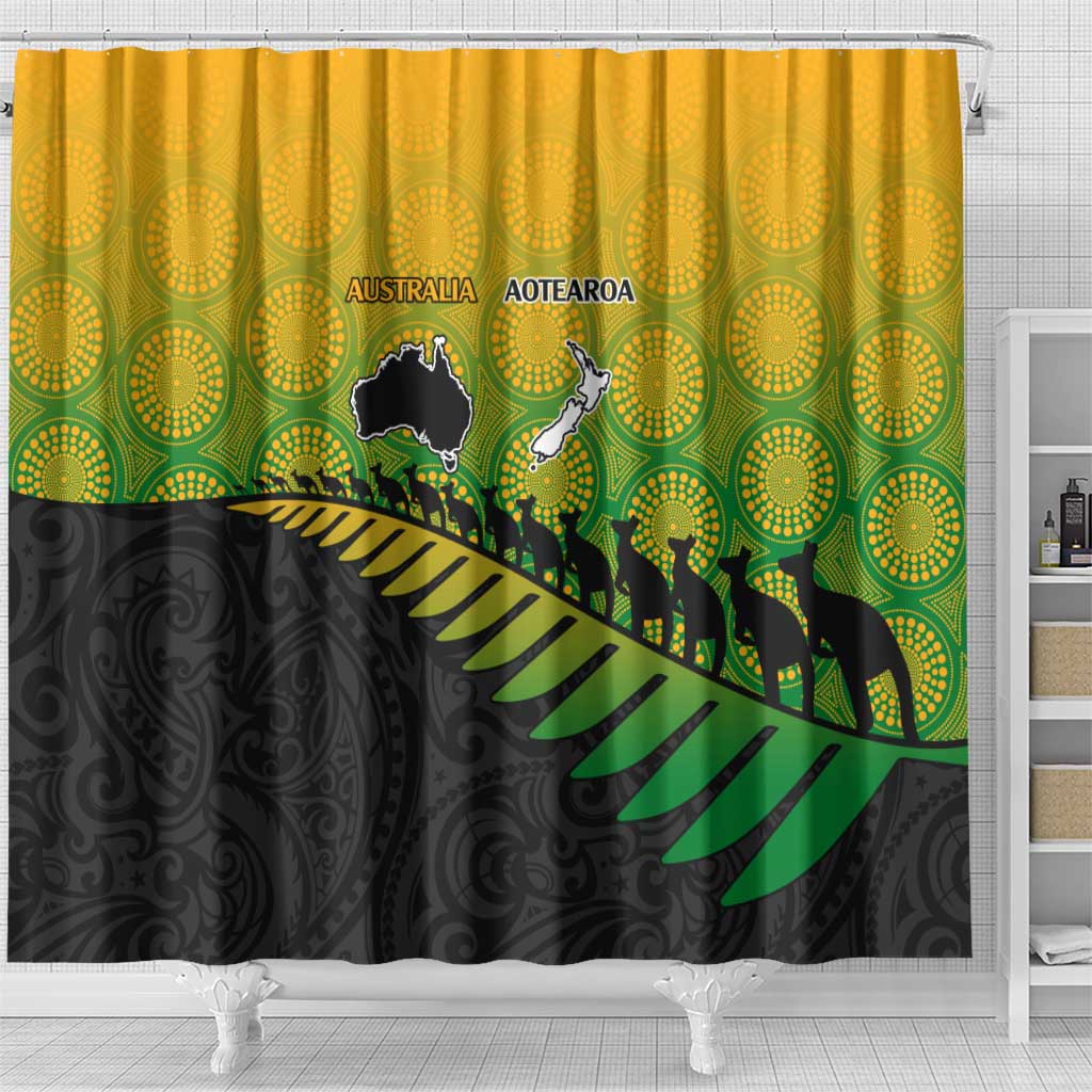 Australia New Zealand Rugby Shower Curtain Gradient Aboriginal Wallabies and Maori Black Fern - Polynesian Pride