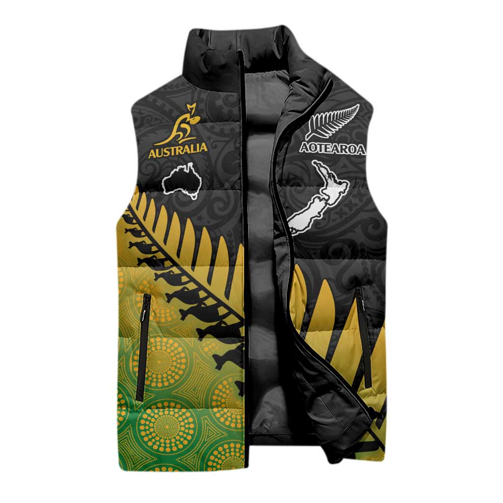 Australia New Zealand Rugby Sleeveless Puffer Jacket Gradient Aboriginal Wallabies and Maori Black Fern - Polynesian Pride