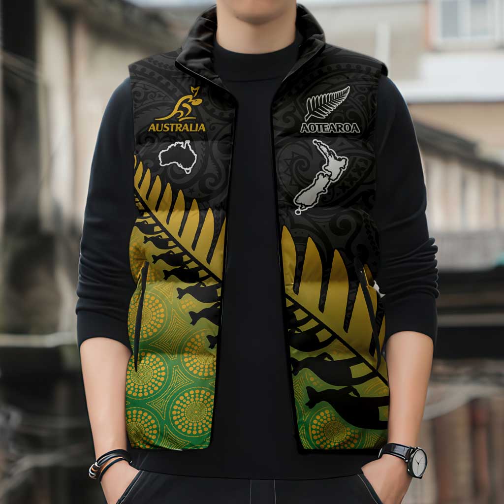 Australia New Zealand Rugby Sleeveless Puffer Jacket Gradient Aboriginal Wallabies and Maori Black Fern - Polynesian Pride