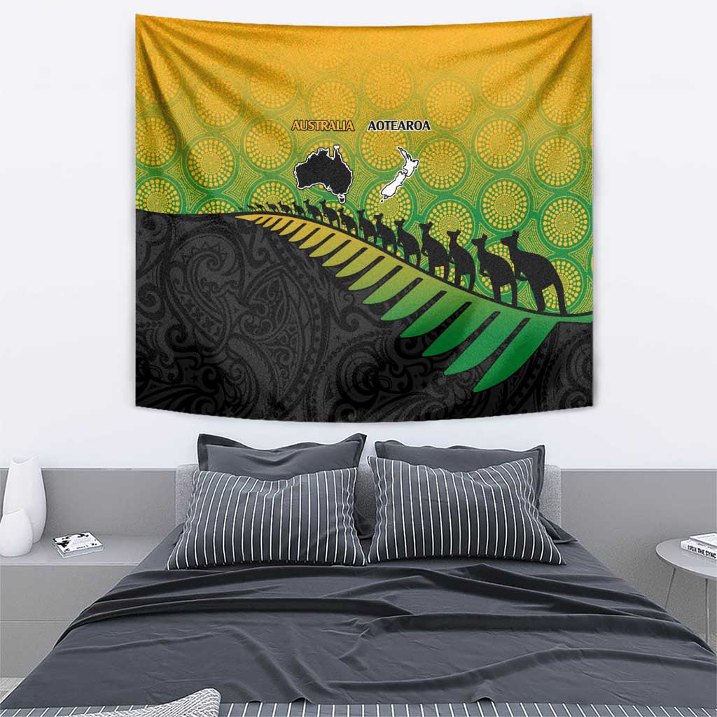 Australia New Zealand Rugby Tapestry Gradient Aboriginal Wallabies and Maori Black Fern - Polynesian Pride