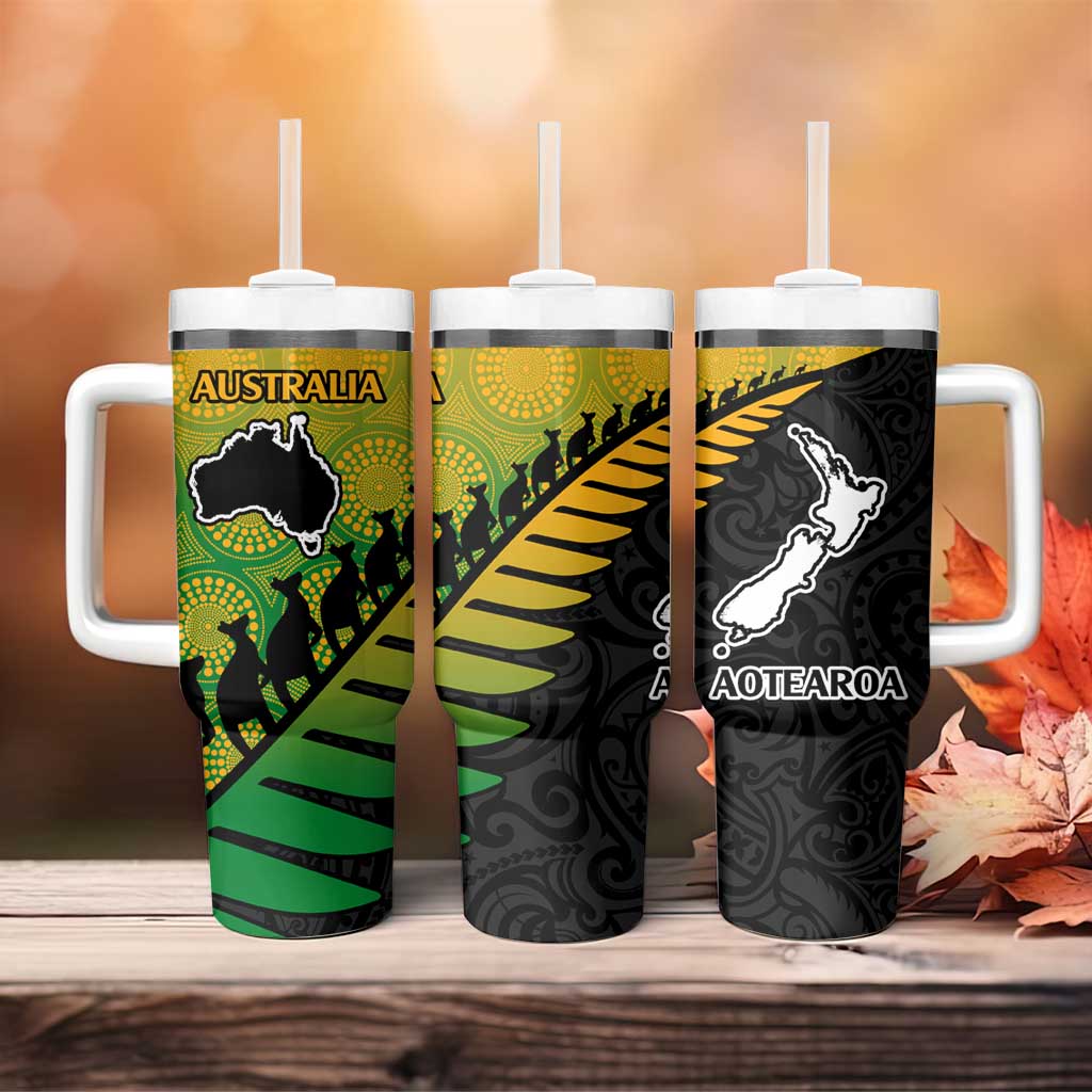 Australia New Zealand Rugby Tumbler With Handle Gradient Aboriginal Wallabies and Maori Black Fern - Polynesian Pride