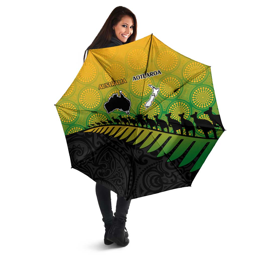 Australia New Zealand Rugby Umbrella Gradient Aboriginal Wallabies and Maori Black Fern - Polynesian Pride