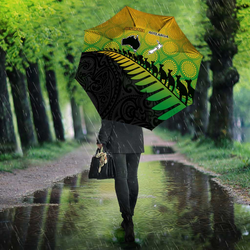 Australia New Zealand Rugby Umbrella Gradient Aboriginal Wallabies and Maori Black Fern - Polynesian Pride