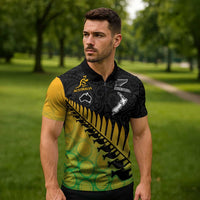 Australia New Zealand Rugby Zipper Polo Shirt Gradient Aboriginal Wallabies and Maori Black Fern - Polynesian Pride