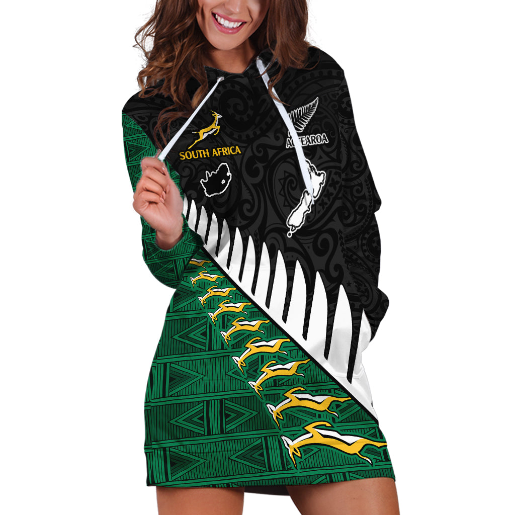 South Africa and Aotearoa Rugby Hoodie Dress Springboks Black Fern Maori Vibe LT9 Black - Polynesian Pride