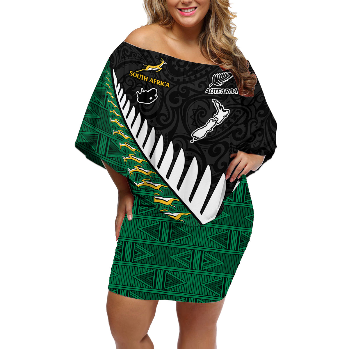 South Africa and Aotearoa Rugby Off Shoulder Short Dress Springboks Black Fern Maori Vibe LT9 Women Black - Polynesian Pride