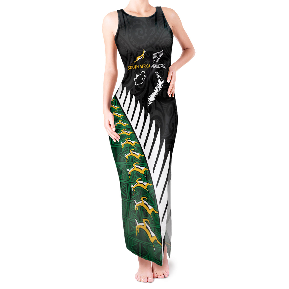 South Africa and Aotearoa Rugby Tank Maxi Dress Springboks Black Fern Maori Vibe LT9 Women Black - Polynesian Pride