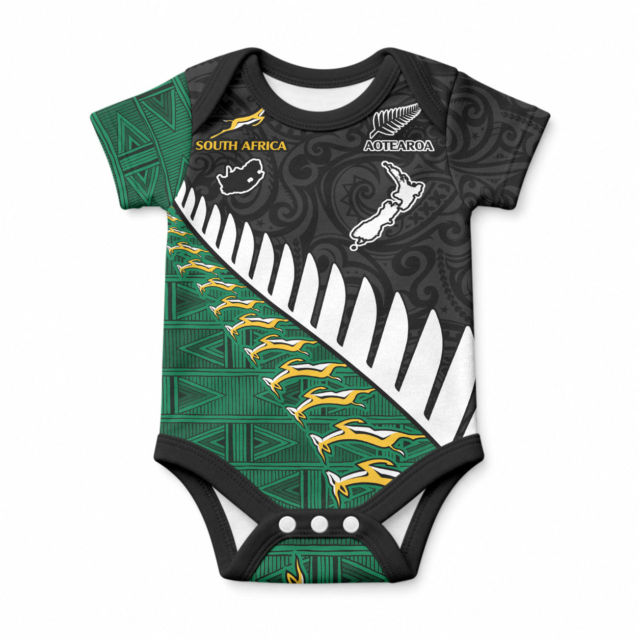 Custom South Africa and Aotearoa Rugby Baby Onesie Springboks Black Fern Maori Vibe LT9 Black - Polynesian Pride