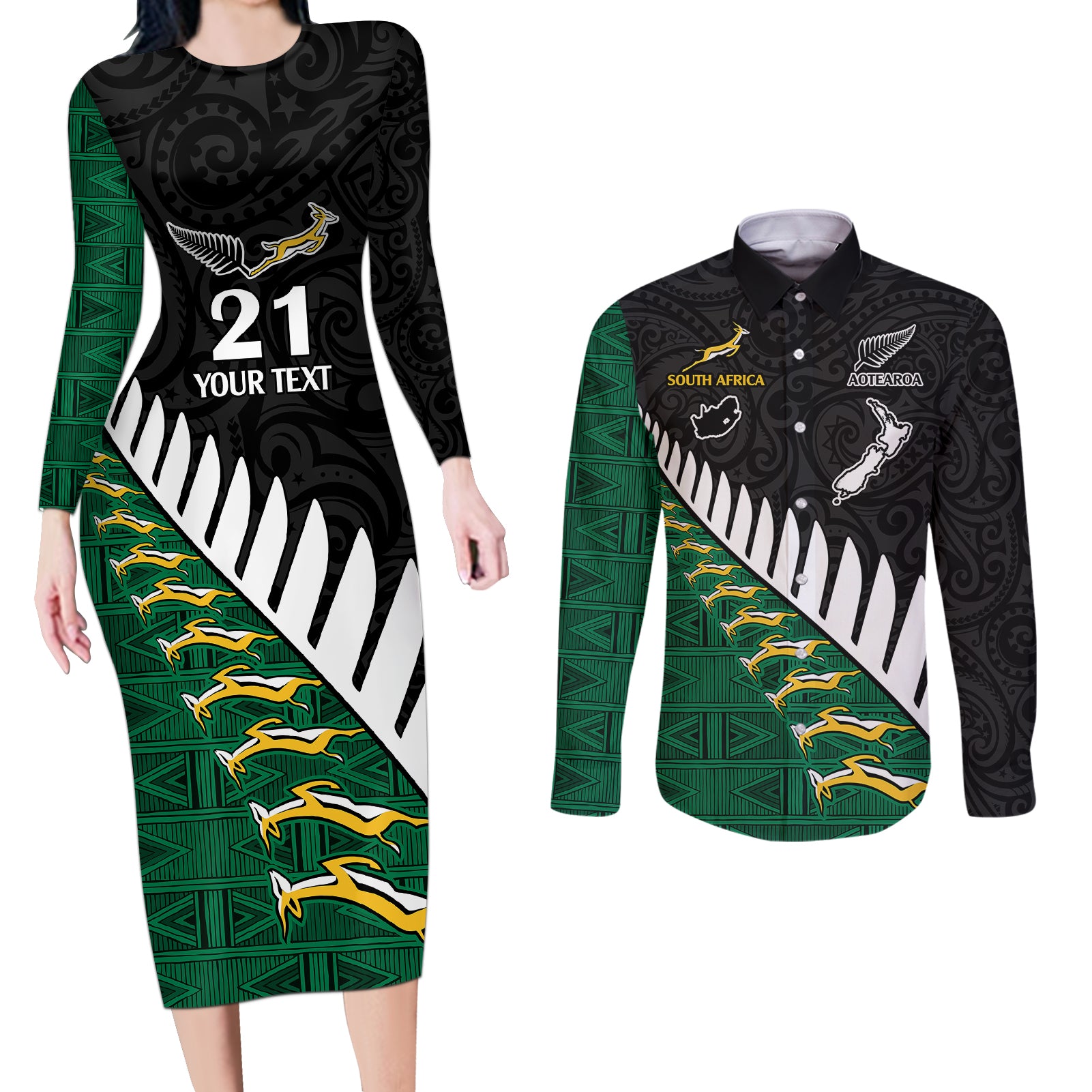 Custom South Africa and Aotearoa Rugby Couples Matching Long Sleeve Bodycon Dress and Long Sleeve Button Shirts Springboks Black Fern Maori Vibe LT9 Black - Polynesian Pride