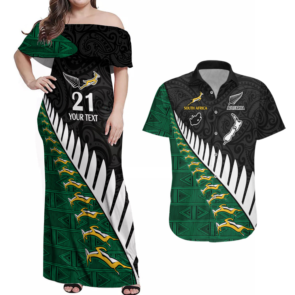 Custom South Africa and Aotearoa Rugby Couples Matching Off Shoulder Maxi Dress and Hawaiian Shirt Springboks Black Fern Maori Vibe LT9 Black - Polynesian Pride