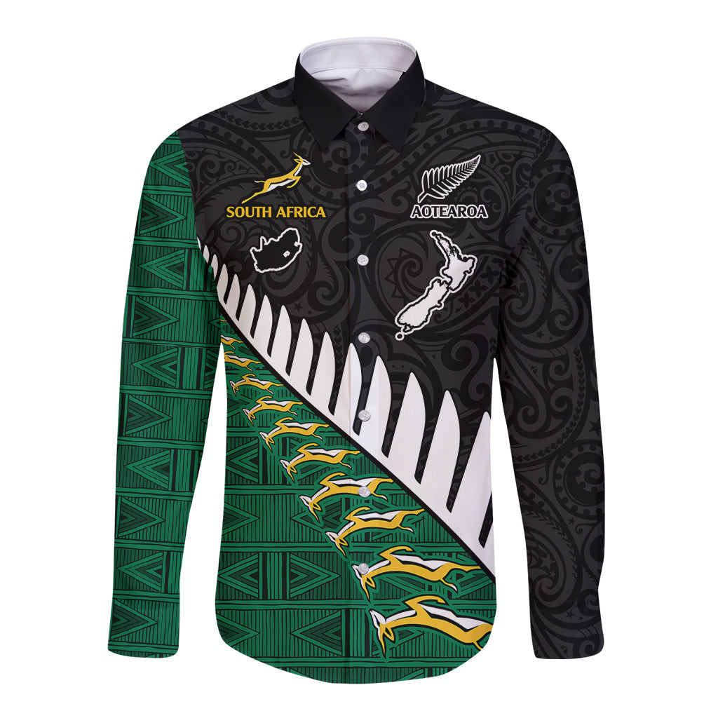 Custom South Africa and Aotearoa Rugby Long Sleeve Button Shirt Springboks Black Fern Maori Vibe LT9 Unisex Black - Polynesian Pride