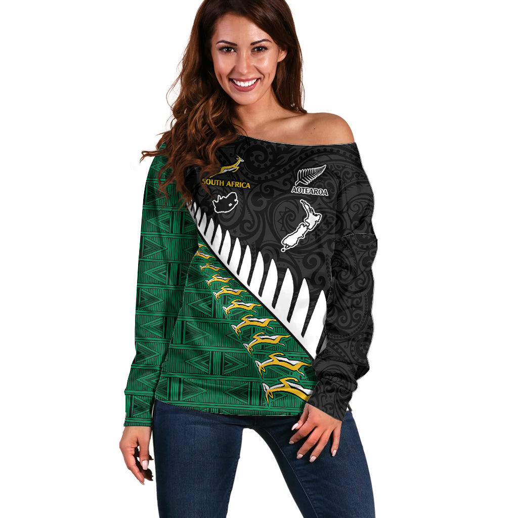 Custom South Africa and Aotearoa Rugby Off Shoulder Sweater Springboks Black Fern Maori Vibe LT9 Women Black - Polynesian Pride