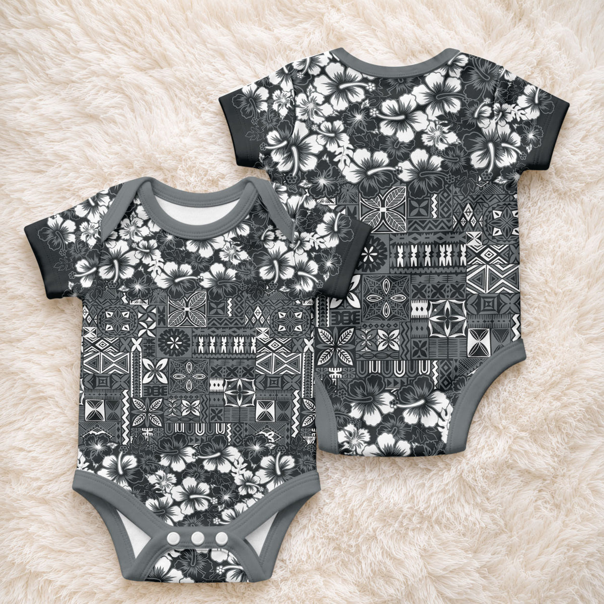 Black Hawaiian Tapa Tribal Hibiscus Baby Onesie LT9 - Polynesian Pride