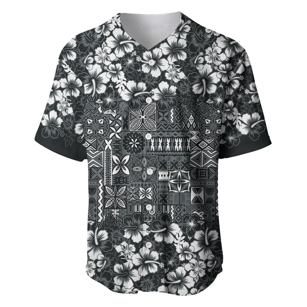 Black Hawaiian Tapa Tribal Hibiscus Baseball Jersey