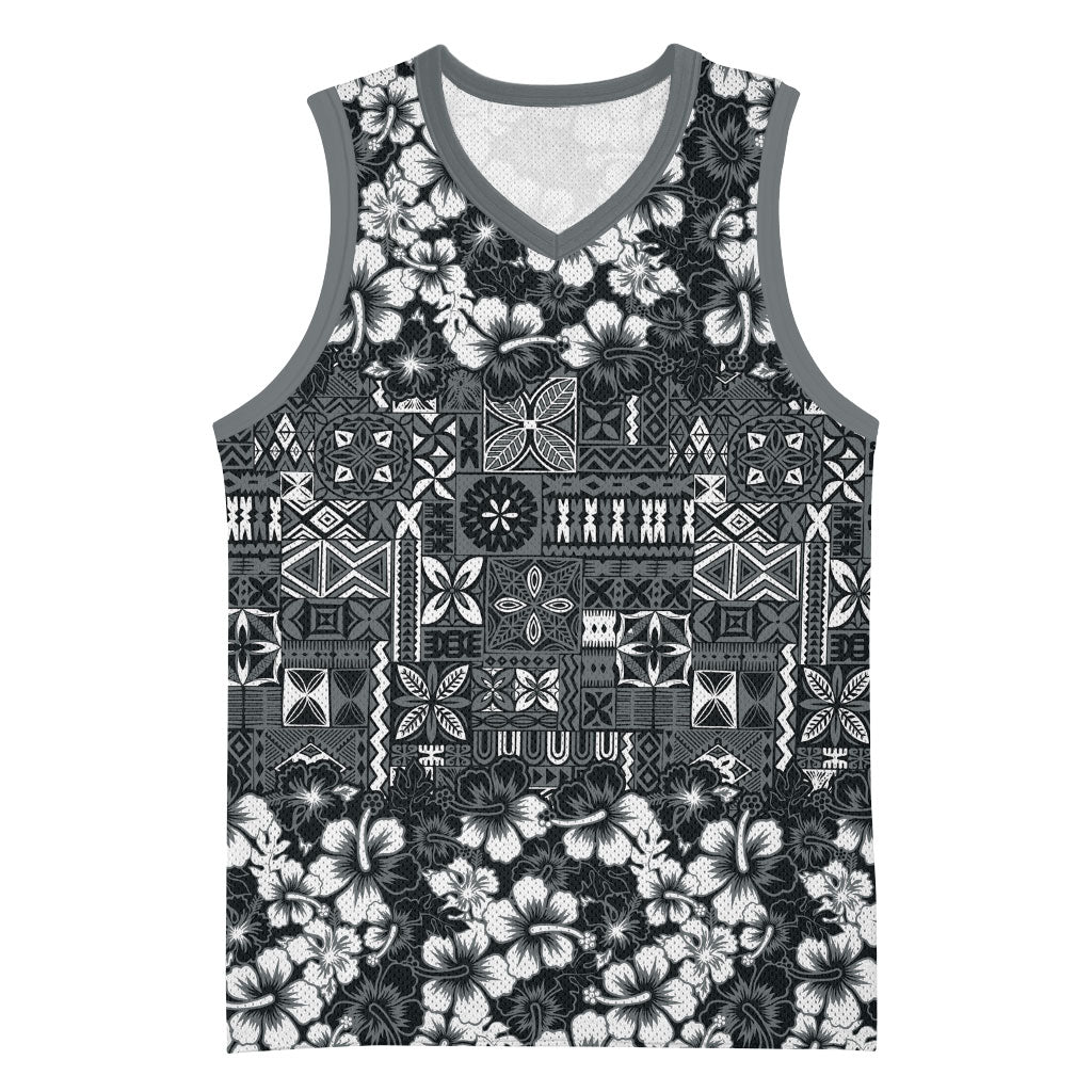 Black Hawaiian Tapa Tribal Hibiscus Basketball Jersey