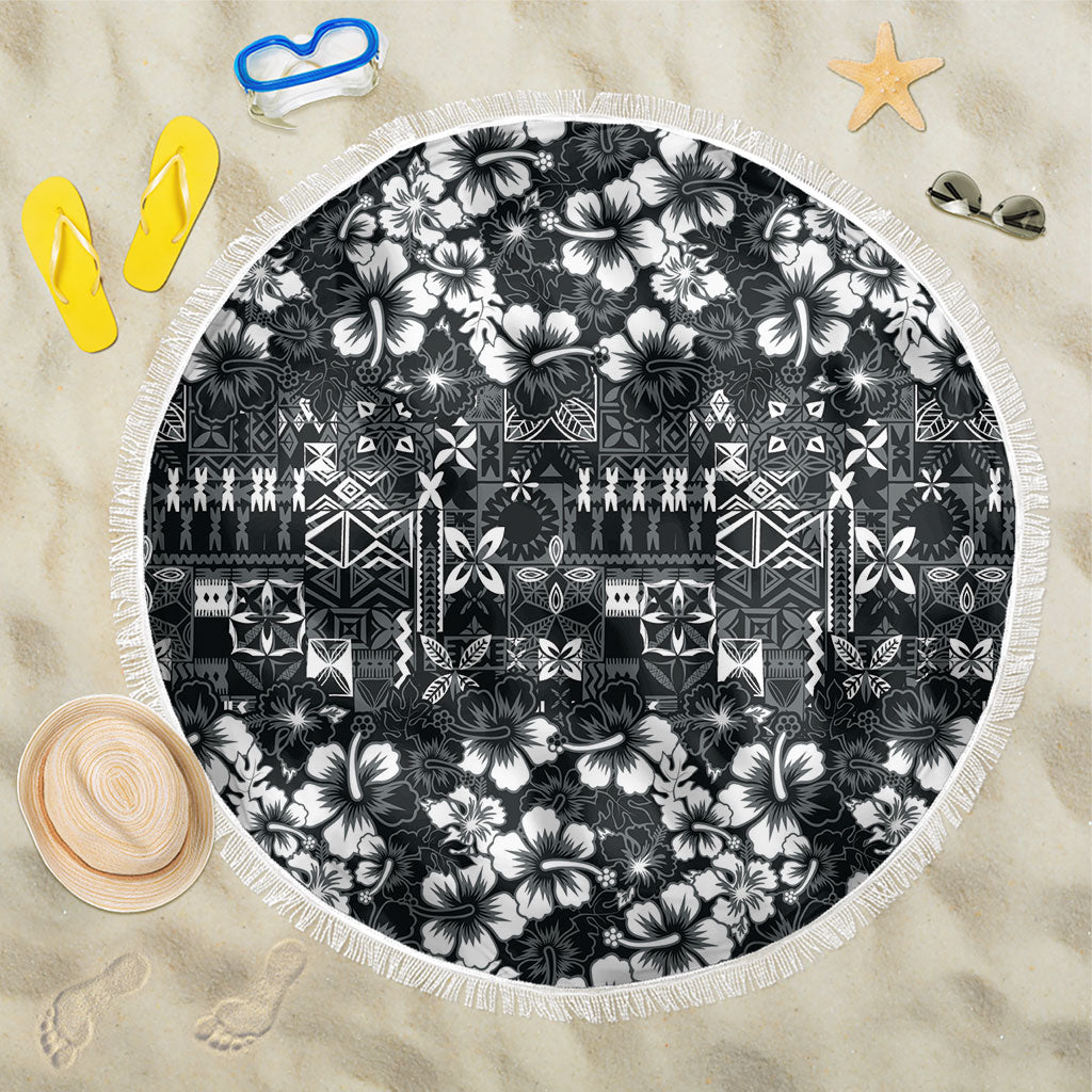 Black Hawaiian Tapa Tribal Hibiscus Beach Blanket