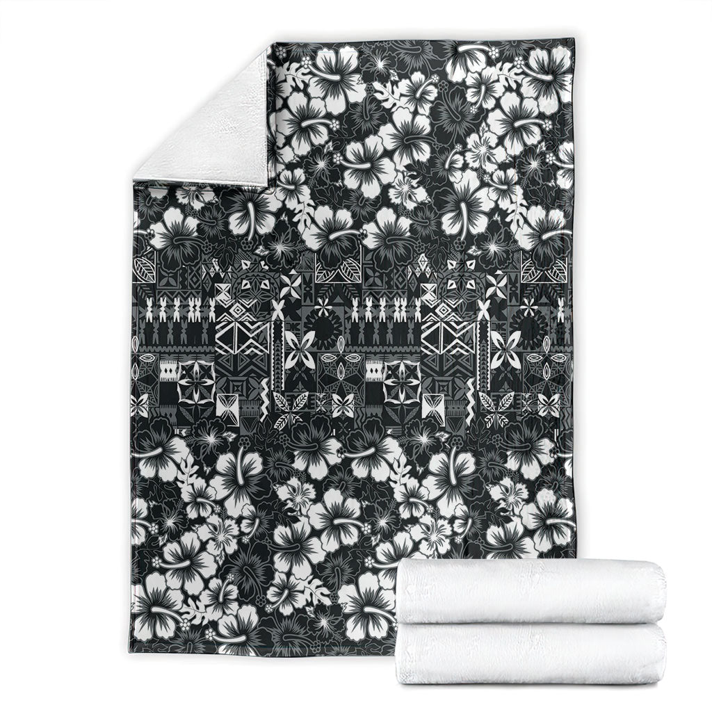 Black Hawaiian Tapa Tribal Hibiscus Blanket