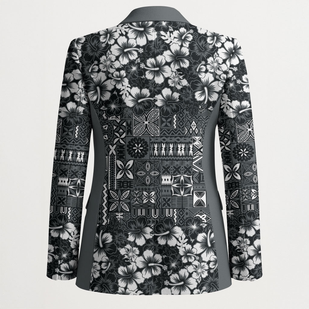 Black Hawaiian Tapa Tribal Hibiscus Blazer