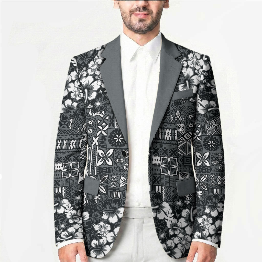 Black Hawaiian Tapa Tribal Hibiscus Blazer