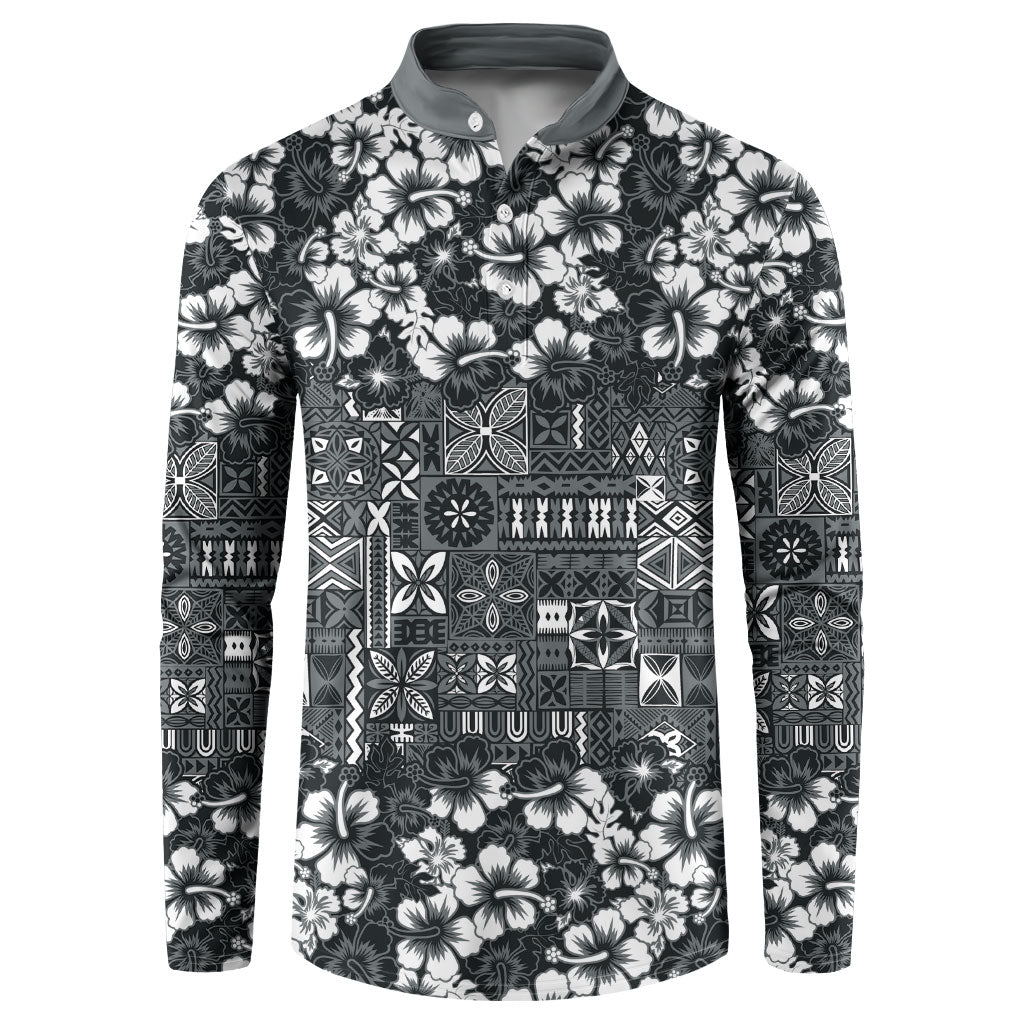 Black Hawaiian Tapa Tribal Hibiscus Button Sweatshirt