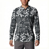 Black Hawaiian Tapa Tribal Hibiscus Button Sweatshirt