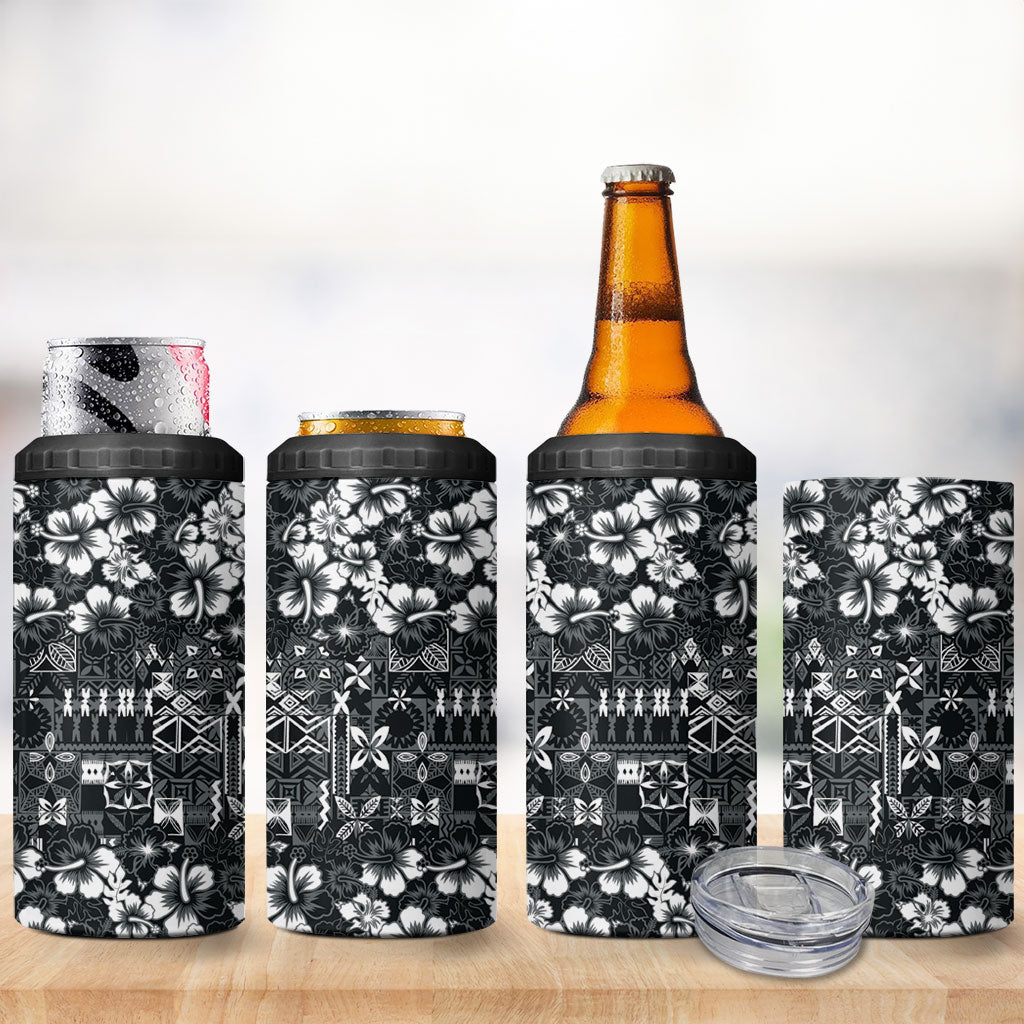 Black Hawaiian Tapa Tribal Hibiscus 4 in 1 Can Cooler Tumbler