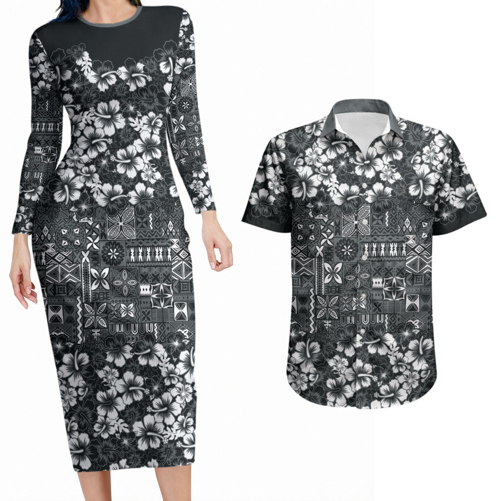 Black Hawaiian Tapa Tribal Hibiscus Couples Matching Long Sleeve Bodycon Dress and Hawaiian Shirt