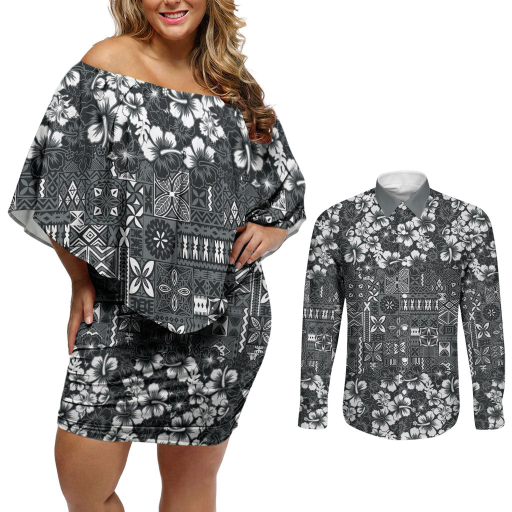 Black Hawaiian Tapa Tribal Hibiscus Couples Matching Off Shoulder Short Dress and Long Sleeve Button Shirt