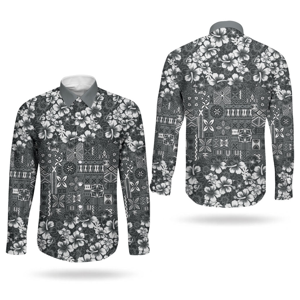 Black Hawaiian Tapa Tribal Hibiscus Couples Matching Off Shoulder Short Dress and Long Sleeve Button Shirt