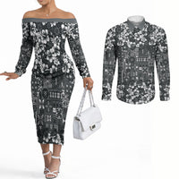 Black Hawaiian Tapa Tribal Hibiscus Couples Matching Off The Shoulder Long Sleeve Dress and Long Sleeve Button Shirt