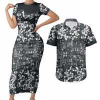 Black Hawaiian Tapa Tribal Hibiscus Couples Matching Short Sleeve Bodycon Dress and Hawaiian Shirt