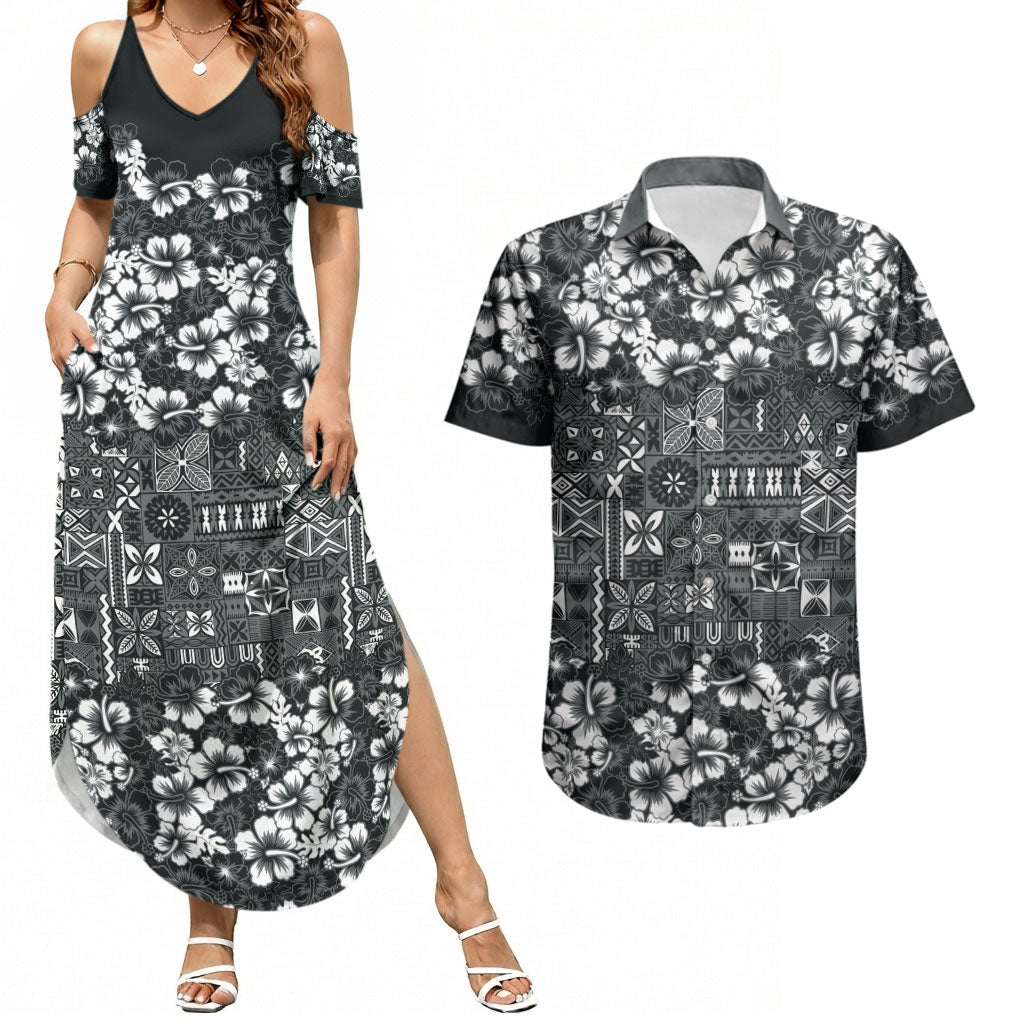 Black Hawaiian Tapa Tribal Hibiscus Couples Matching Summer Maxi Dress and Hawaiian Shirt