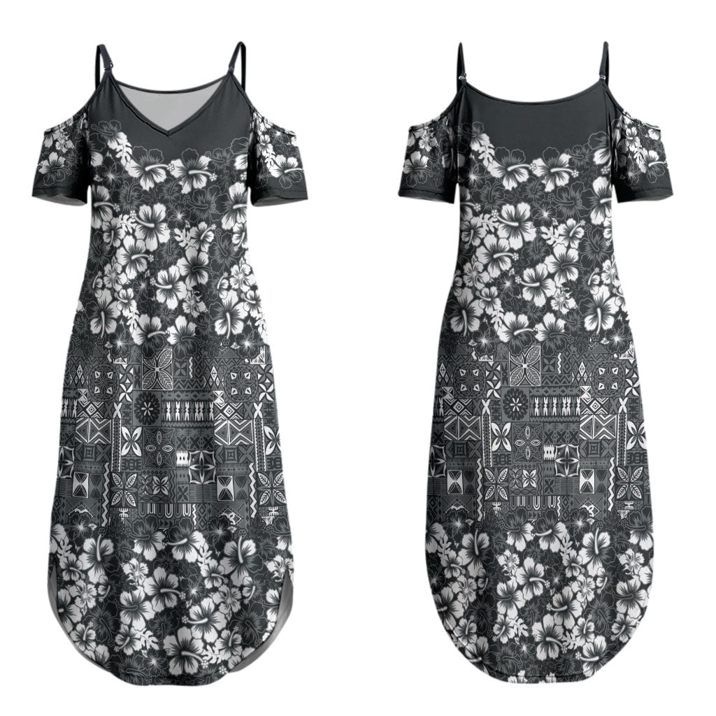 Black Hawaiian Tapa Tribal Hibiscus Couples Matching Summer Maxi Dress and Hawaiian Shirt