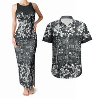 Black Hawaiian Tapa Tribal Hibiscus Couples Matching Tank Maxi Dress and Hawaiian Shirt