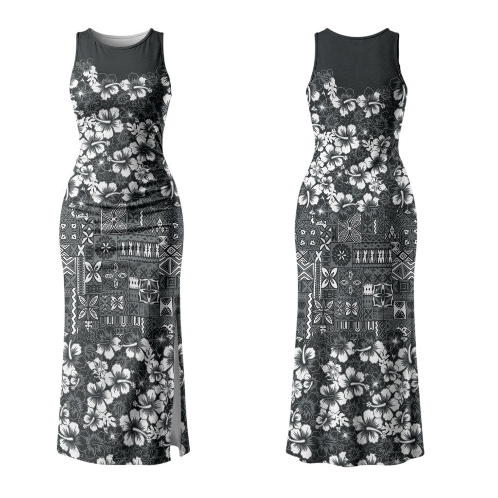 Black Hawaiian Tapa Tribal Hibiscus Couples Matching Tank Maxi Dress and Hawaiian Shirt