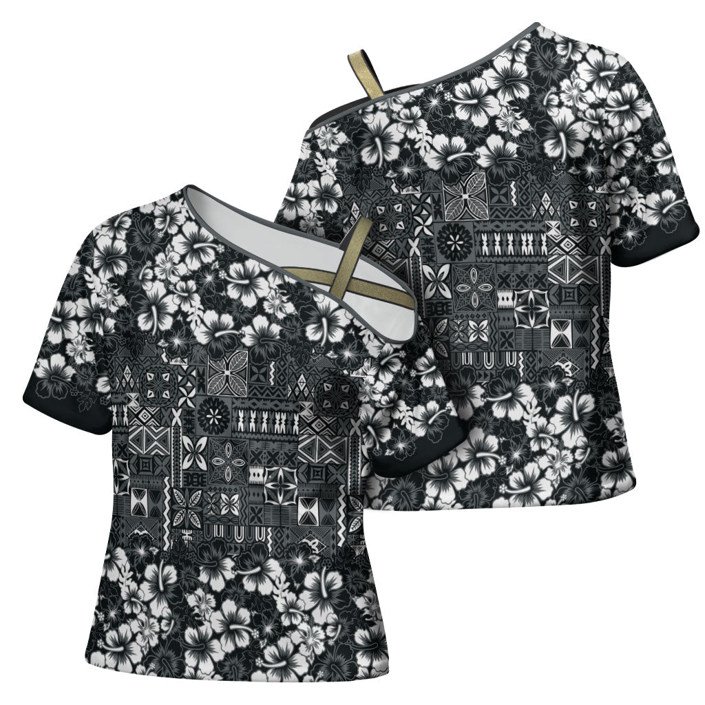 Black Hawaiian Tapa Tribal Hibiscus Cross Shoulder Shirt