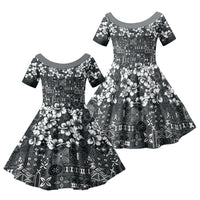 Black Hawaiian Tapa Tribal Hibiscus Family Matching Off The Shoulder Long Sleeve Dress and Hawaiian Shirt