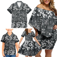 Black Hawaiian Tapa Tribal Hibiscus Family Matching Off Shoulder Short Dress and Hawaiian Shirt